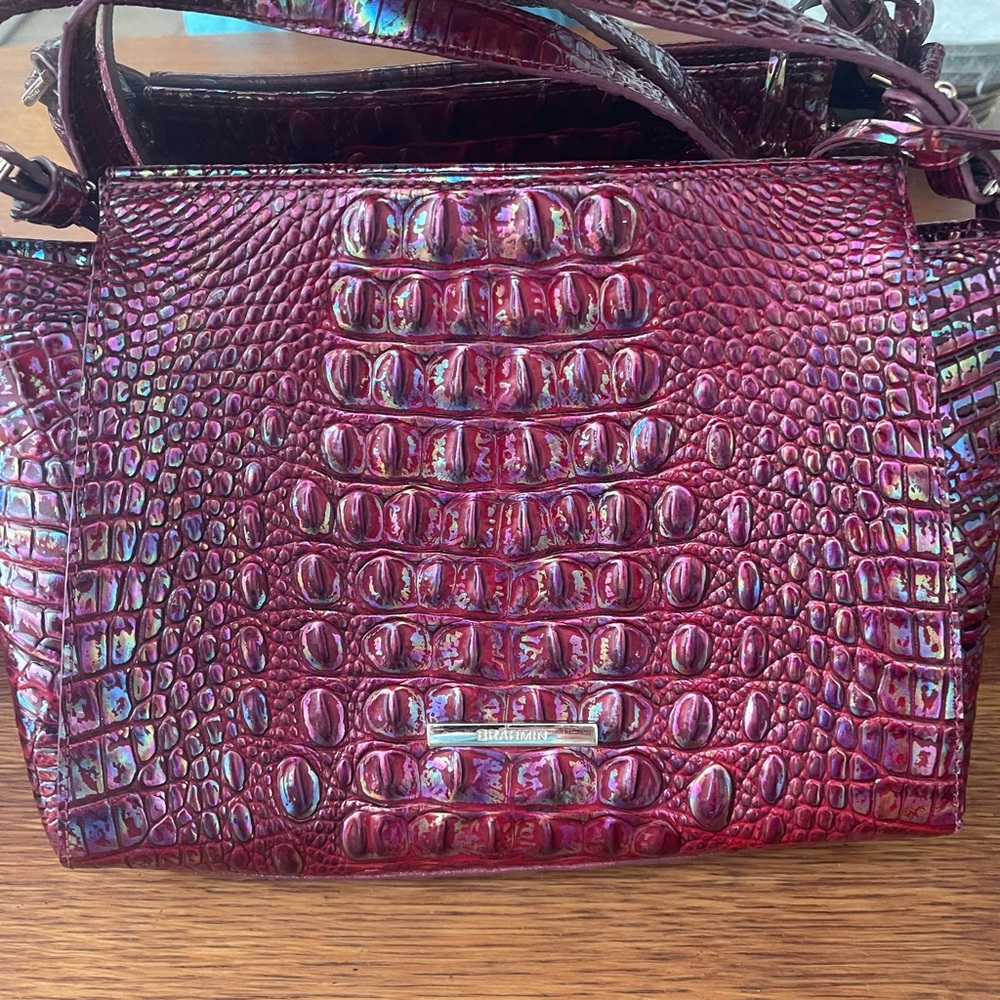 Iridescent Burgundy Croc-Embossed Shoulder Bag